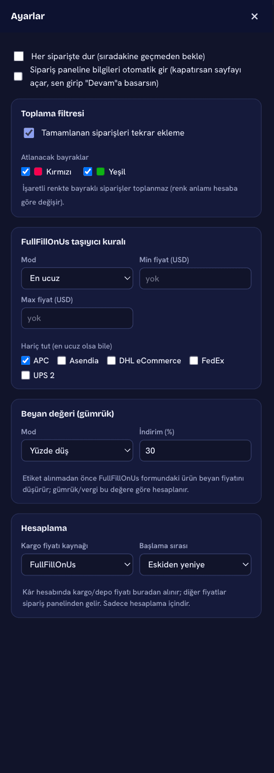 Ayarlar penceresi: toplama filtresi, taşıyıcı kuralı, beyan değeri, hesaplama
